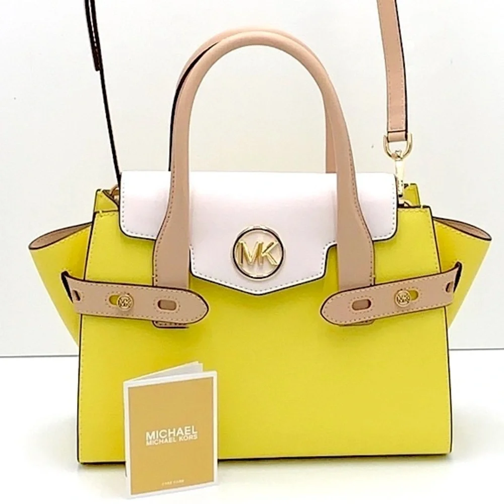MICHAEL KORS Carmen Medium Color-Block Faux Saffiano Leather Belted Satchel